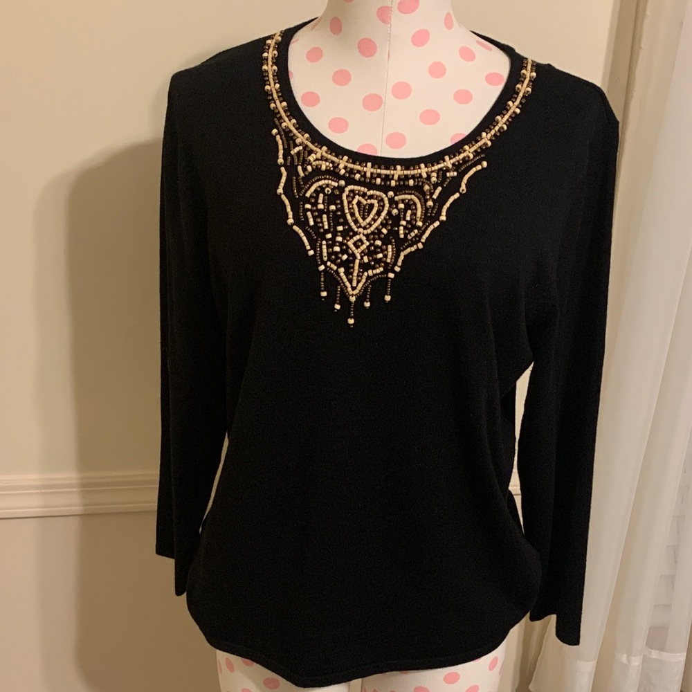 RAFAEL Black beaded sweater Like NEW Size Large Tan/Gold elegant beaded design